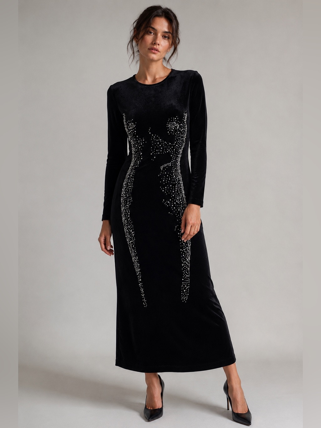 Zara Black Velvet Maxi Dress Pearl Beaded Rhinestone Long Sleeve Evening Gown Sm